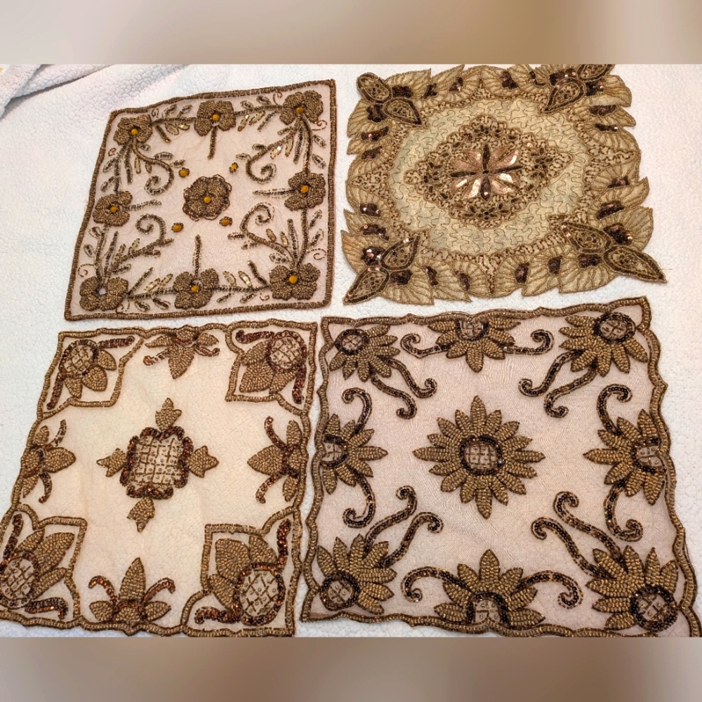 Set Of 4 Beaded Sequined Placemats Bronze Tone 15" India Each Design Different